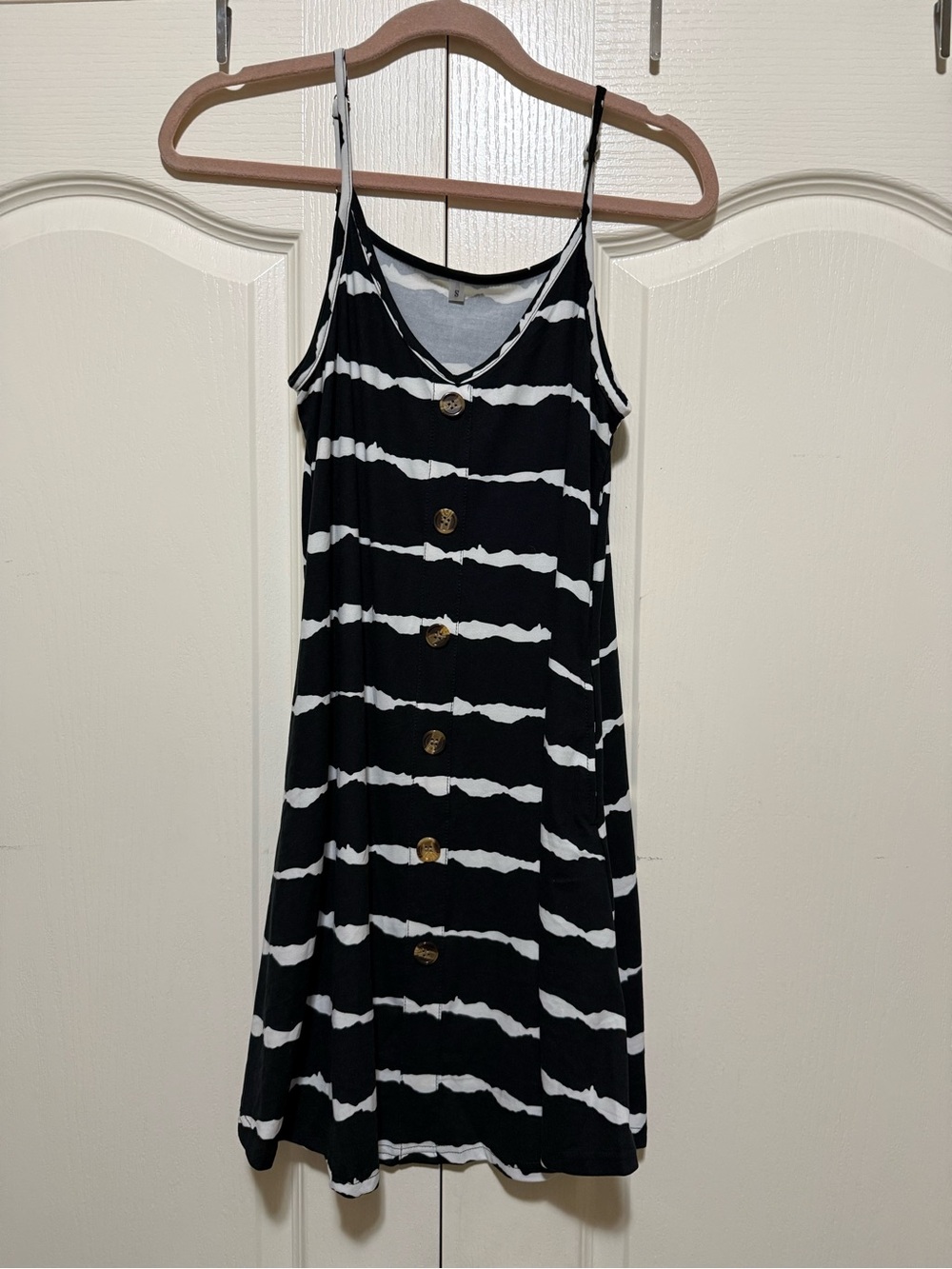 Black & White Striped Button-Front Spaghetti Strap Dress